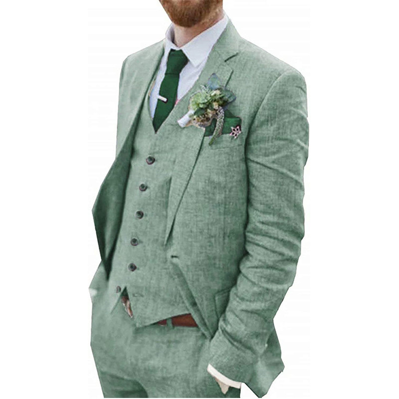 Summer Clothing Men Linen - 3-teiliger Herren-Retro-Leinen-Herrenanzug, Strand-Hochzeitsanzug, Sommer, schmale Passform,