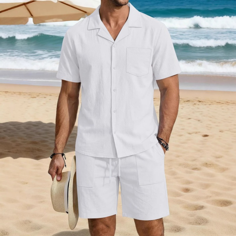 Linen Shorts Men - Herren Sommer Baumwoll-Leinen Urlaubsset Kubanisches Hemd