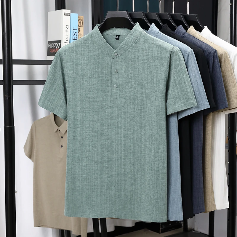 Summer Clothing Men Linen - Herren-Hemden mit Stehkragen und Halbknopfleiste aus