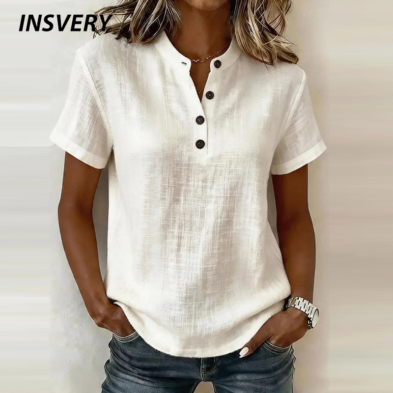 Summer Clothing Men Linen - Sommer Kurzarm Basic Blusen Damenhemden Einfarbig
