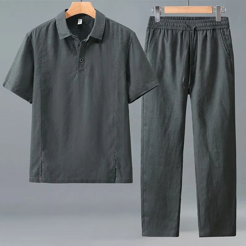 Linen Shorts Men - Herren Übergrößen Sommer Leinen Zweiteiler Set
