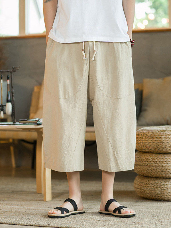 Linen Shorts Men - Baumwoll-Leinen-Hose mit weitem Bein, lockere Passform,