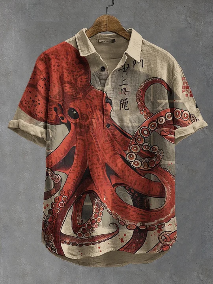 Summer Clothing Men Linen - Herren-Poloshirt mit Oktopus-Print, kurzärmeliges Poloshirt, Sommermode,