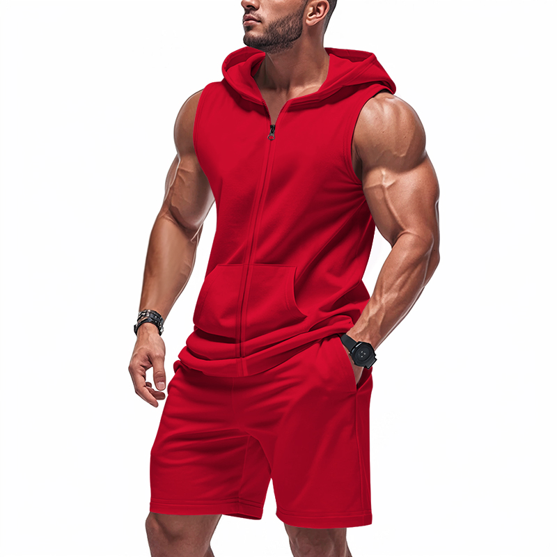 Summer Gym Clothing - Herrenanzug Ärmelloses Hoodie-Set Zweiteilig | Fitness-Trainingsset