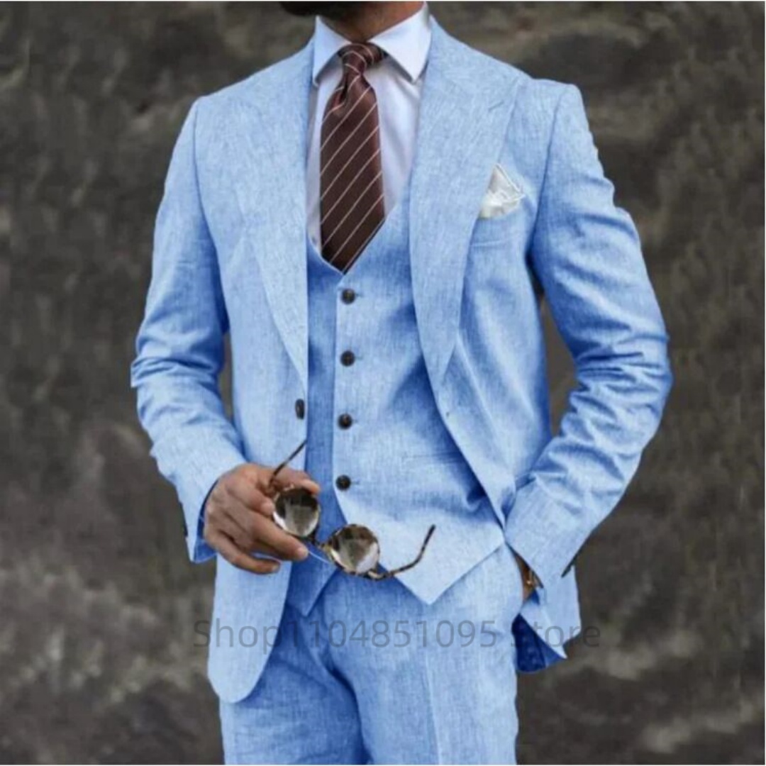 Summer Clothing Men Linen - Hochwertige 3-teilige Herrenanzüge aus beigem/blauem Leinen