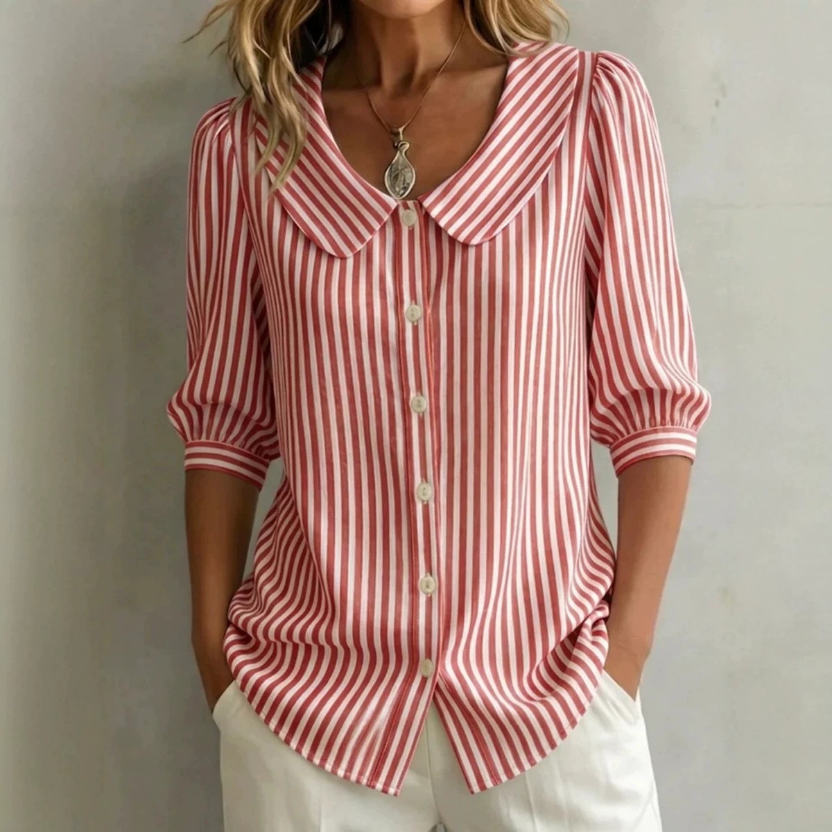 Crop Blouse Linen - Damenbluse mit kurzen Ärmeln, gestreift, Leinenoptik,