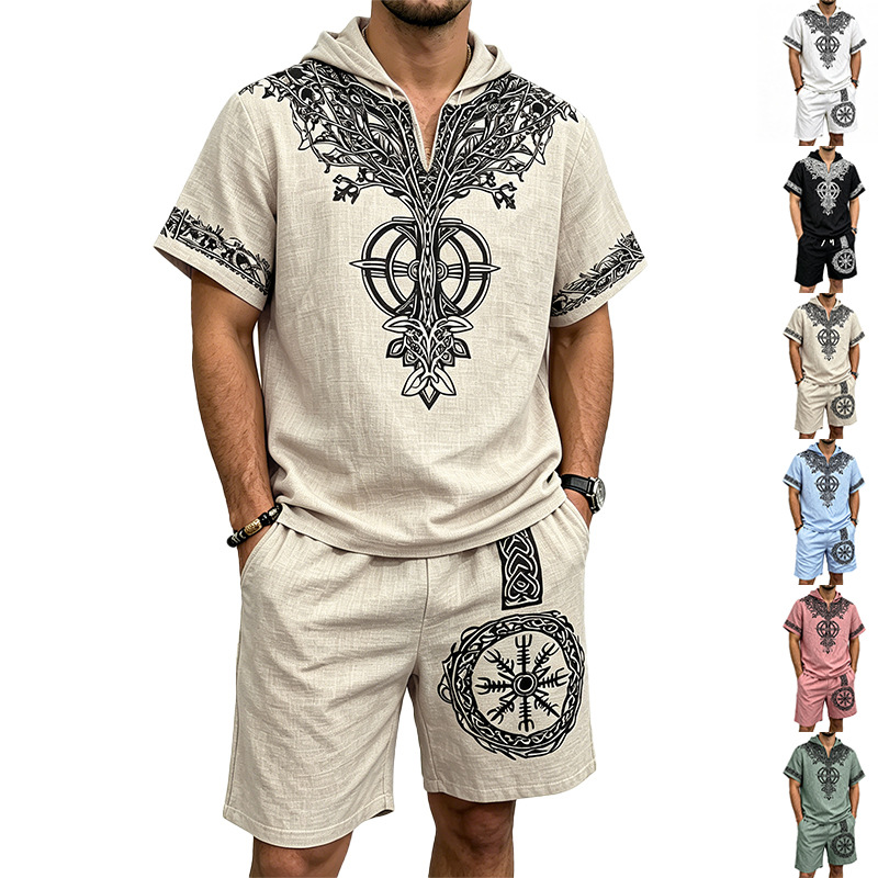 Linen Shorts Men - Herren Leinen-Look Viking-Baum-Print Halb-Reißverschluss Kapuzen-Kurzarm-Oberteil Kordelzug-Shorts