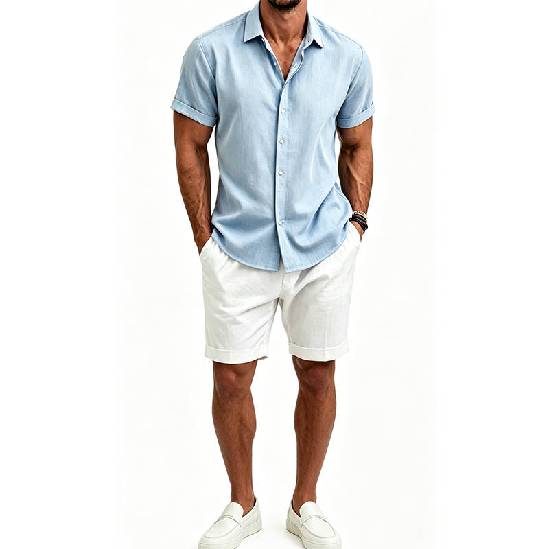 Linen Shorts Men - Herren Baumwoll-Leinen-Hemdset, Sommer-Kurzarmhemd und Shorts, Anzüge