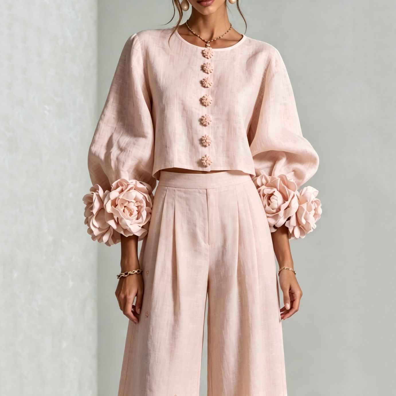 Crop Blouse Linen - Damen-Set aus Leinen, bestehend aus einem
